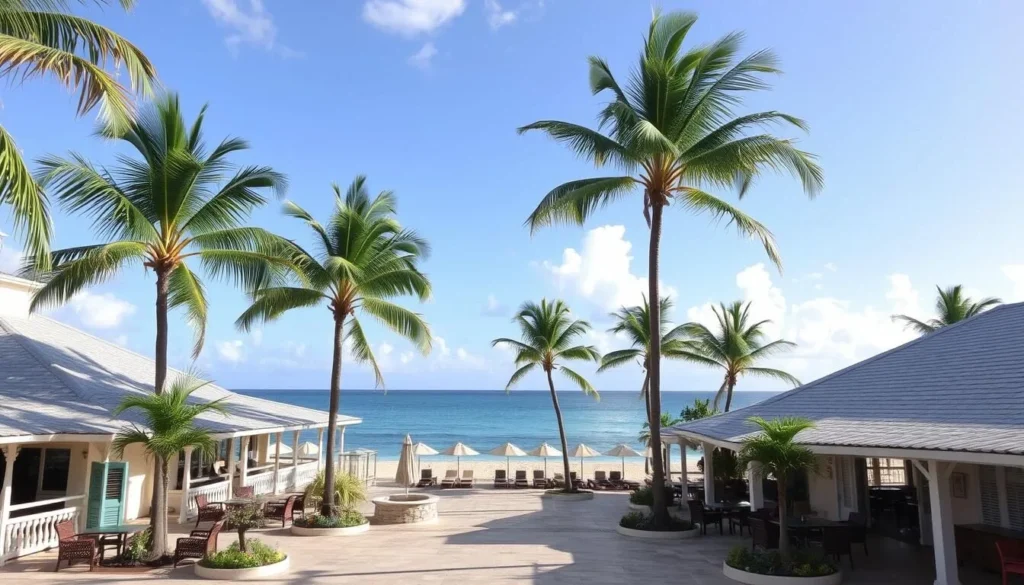Beachfront hotel in Grand Case with palm trees and ocean view