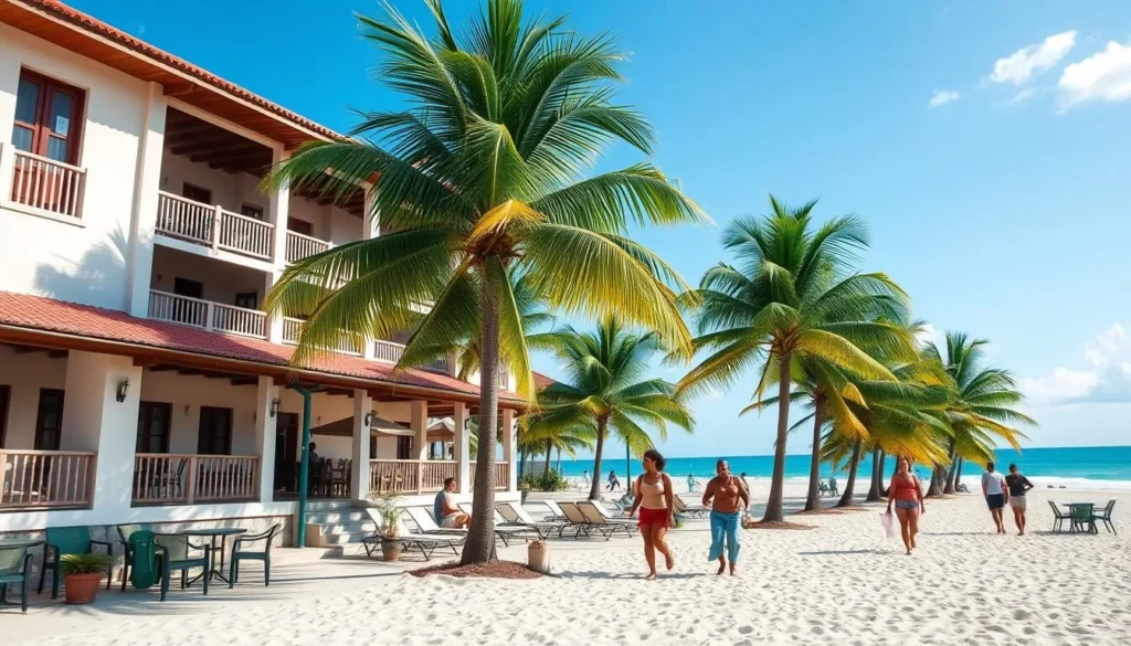 Beachfront hotel in Les Cayes with traditional architecture and palm trees