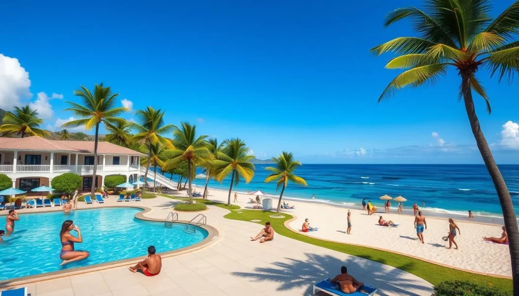 Beachfront resort in Vieux Fort with palm trees and ocean view