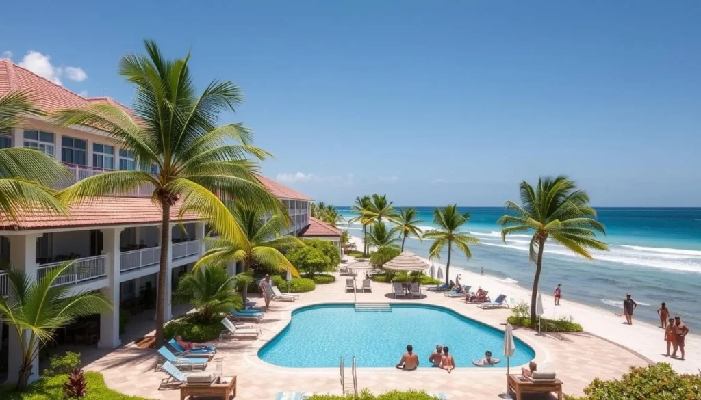 Beachfront resort near Playa Paraiso Cayo Largo del Sur Cuba with palm trees and ocean view Beachfront resort near Playa Paraiso Cayo Largo del Sur Cuba with palm trees and ocean view