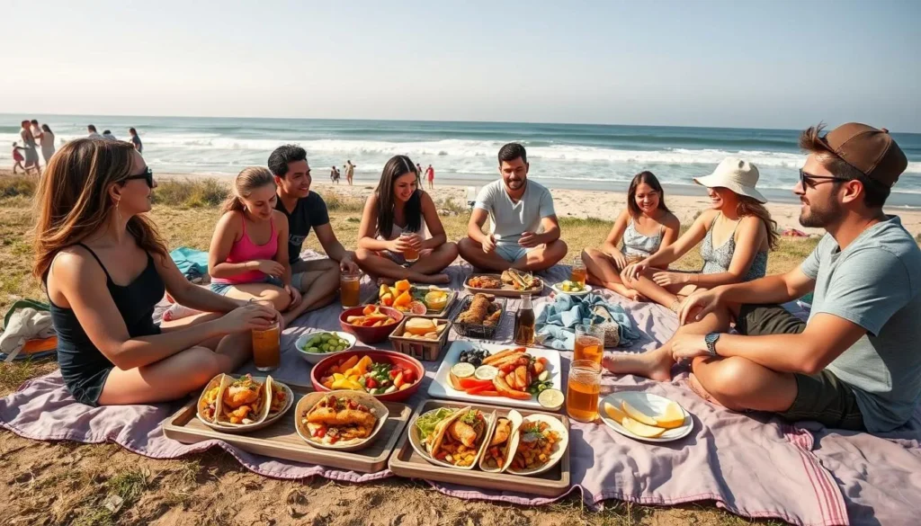 Beachside picnic with diverse group enjoying local food near San Clemente State Beach Beachside picnic with diverse group enjoying local food near San Clemente State Beach