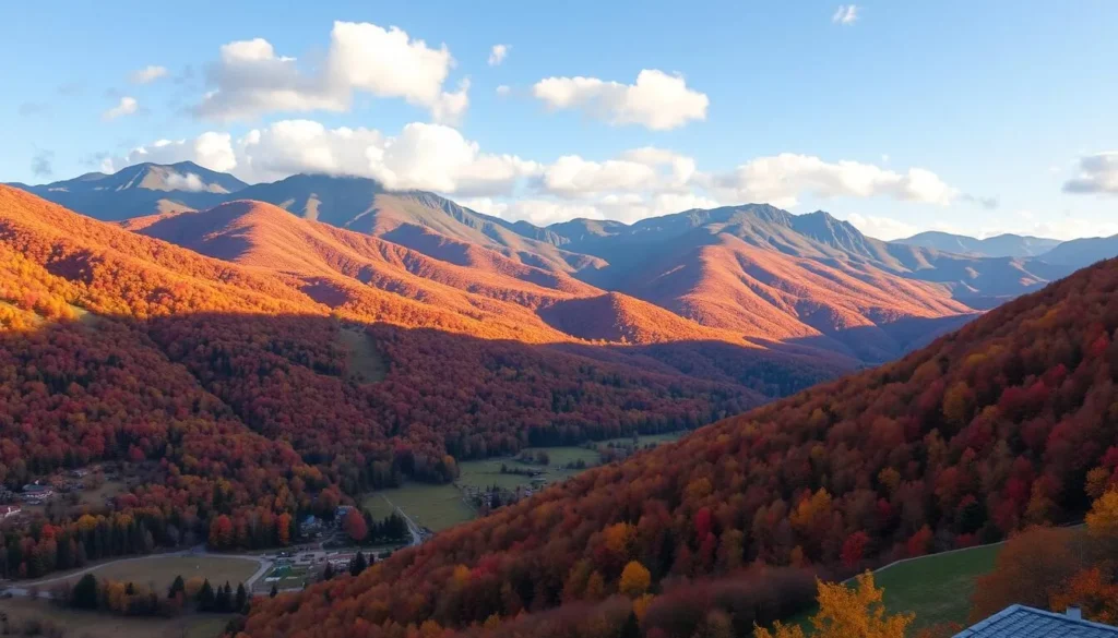 Beautiful autumn landscape in the Chechen Republic with colorful foliage and mountains in the background