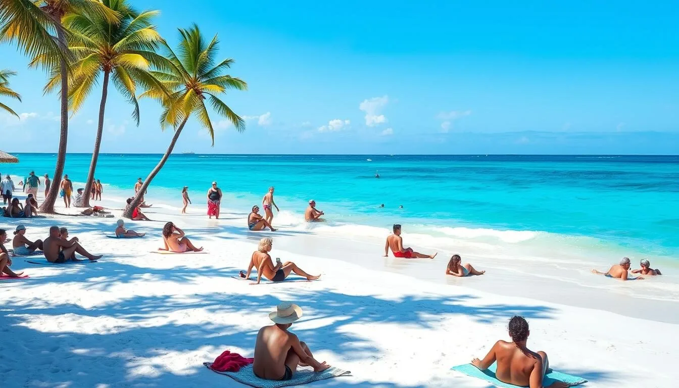 Beautiful beach in Holguin during dry season with tourists enjoying perfect weather