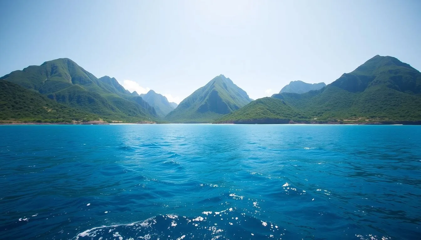 Beautiful coastal view of Montserrat island with lush green hills and blue Caribbean waters