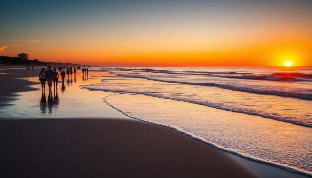 Beautiful sunset at Huntington State Beach with orange and pink skies reflecting on the wet sand and waves Beautiful sunset at Huntington State Beach with orange and pink skies reflecting on the wet sand and waves