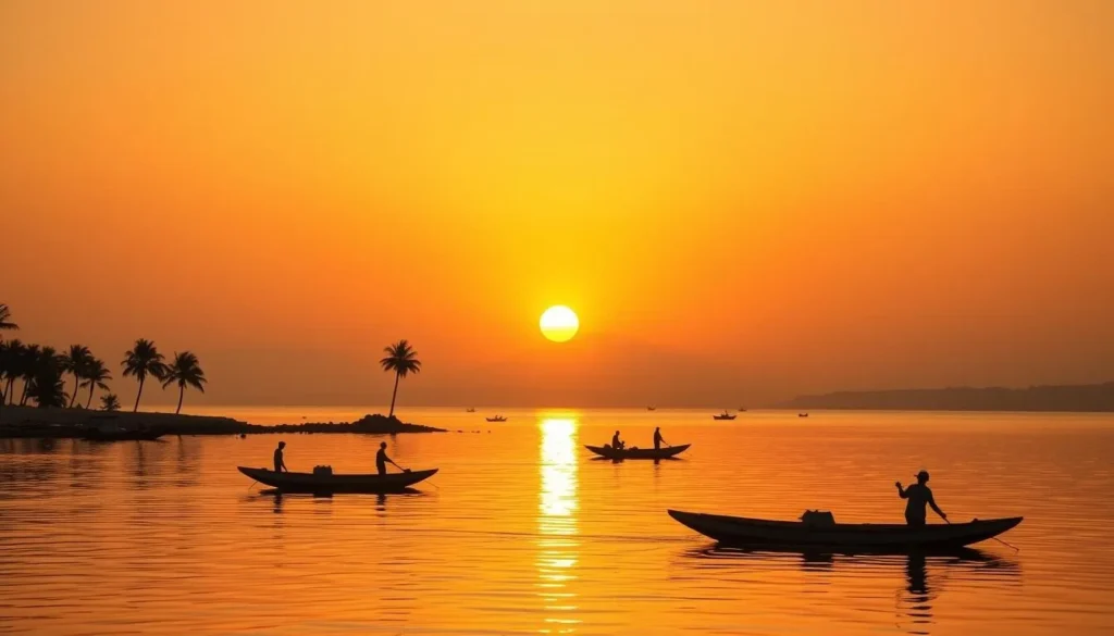 Beautiful sunset over Lake Hawassa with silhouettes of palm trees and local boats