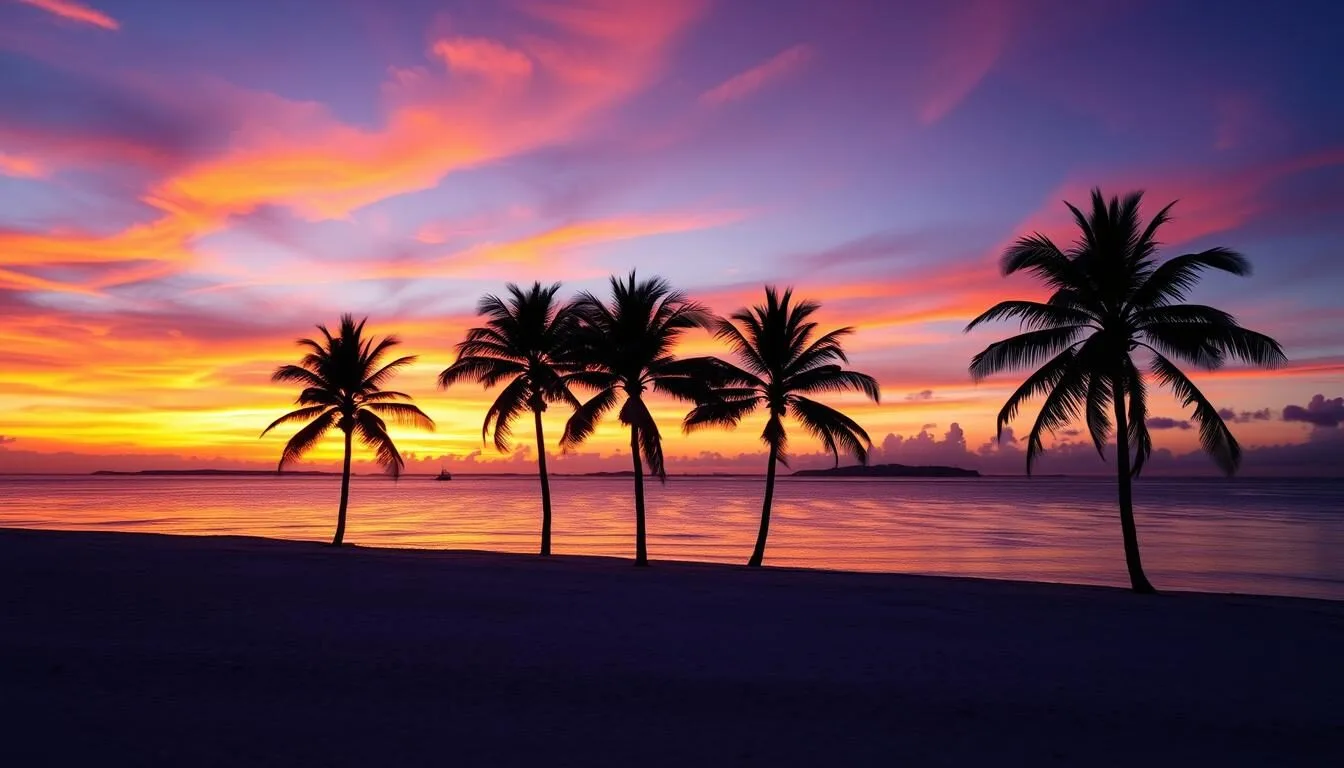 Beautiful sunset over Majuro lagoon with palm trees silhouetted against an orange and purple sky