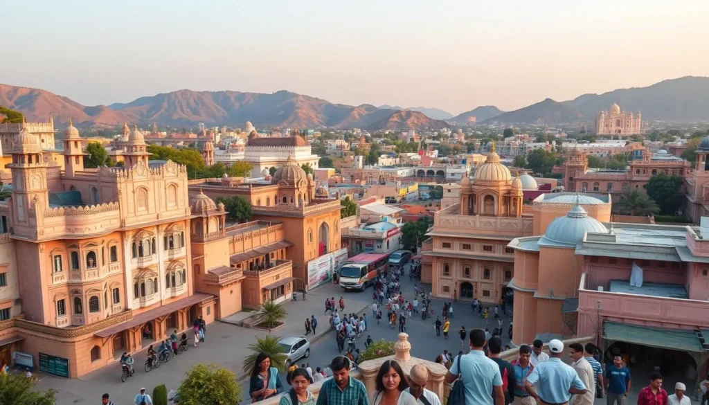 Beautiful view of Jaipur cityscape with historic buildings and mountains in background