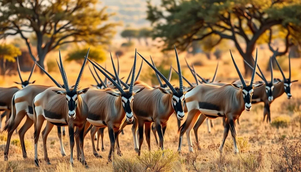 Beisa Oryx herd grazing in Geraille National Park with the distinctive landscape in background