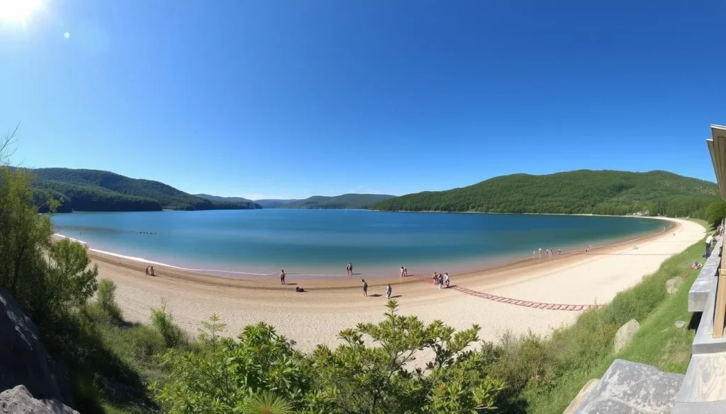 Beltzville Lake with beach area and surrounding forested hills on a sunny day Beltzville Lake with beach area and surrounding forested hills on a sunny day