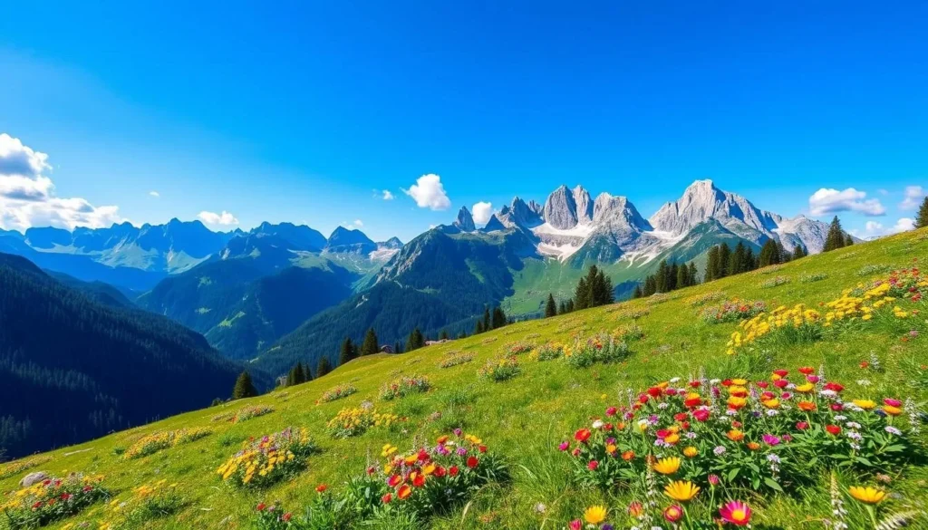 Berchtesgaden in summer with lush green alpine meadows, flowers, and mountain views