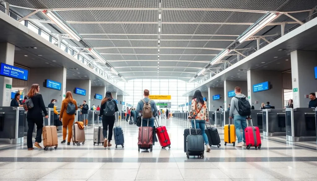 Berlin Brandenburg Airport terminal with diverse travelers checking in at counters