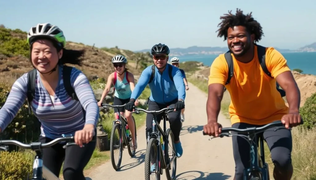 Biking trail at Candlestick Point State Recreation Area California with diverse cyclists enjoying the path