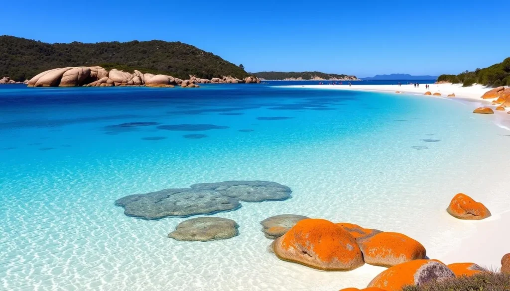 Binalong Bay main beach with crystal clear turquoise waters and white sand Binalong Bay main beach with crystal clear turquoise waters and white sand