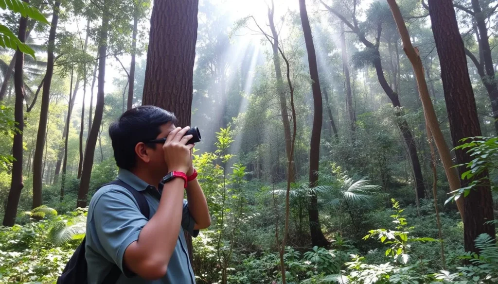 Bird watcher spotting unique species in the forests of Mount Kadam