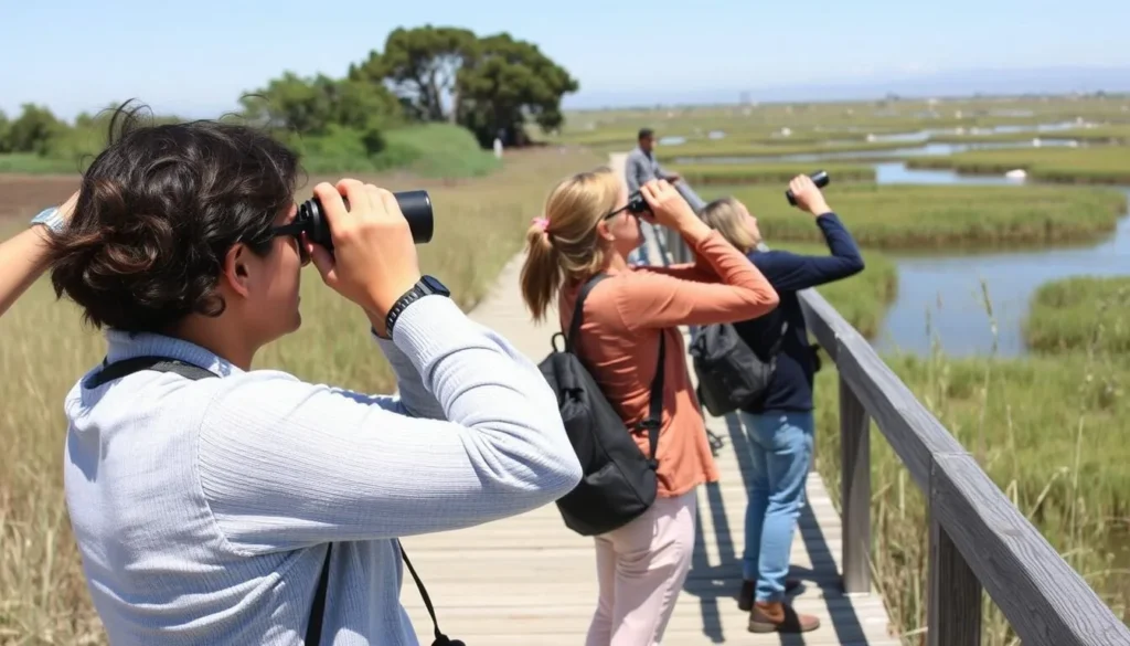 Bird watchers observing wildlife at Bolsa Chica Ecological Reserve near Huntington State Beach Bird watchers observing wildlife at Bolsa Chica Ecological Reserve near Huntington State Beach