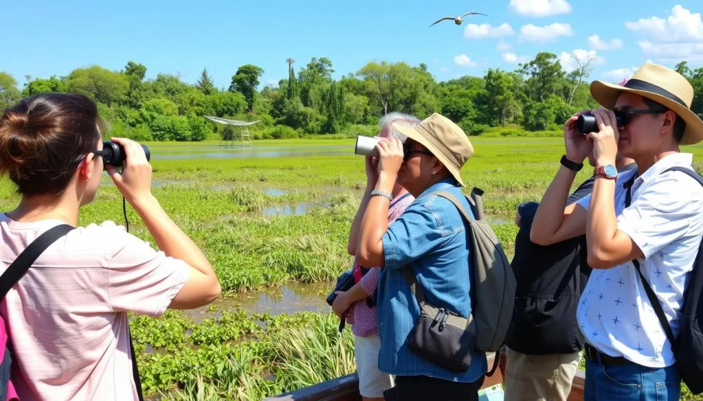 Bird watching activity in Mahaica Lakes Region with diverse tourists
