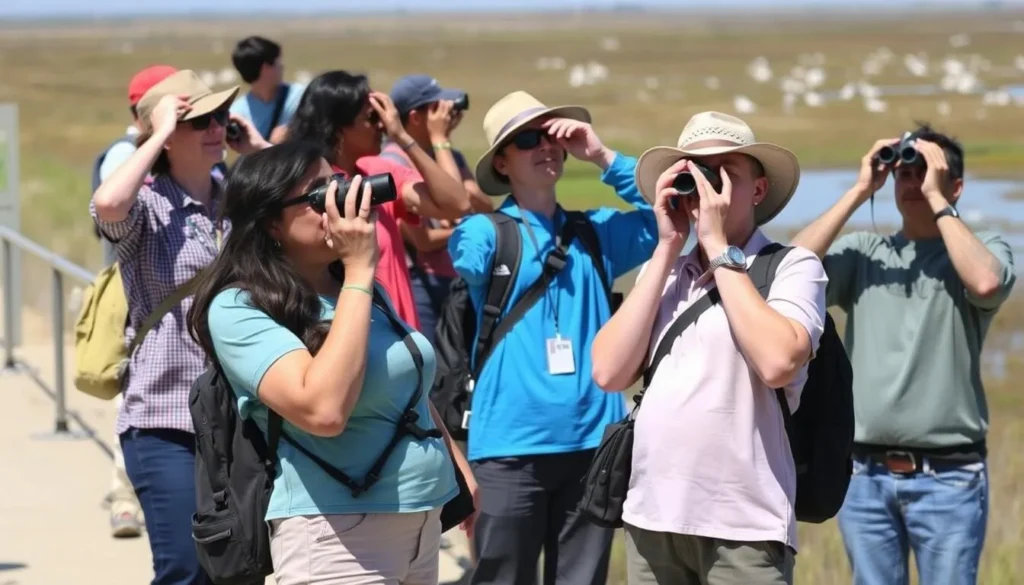 Bird watching at McGrath State Beach California estuary with diverse visitors Bird watching at McGrath State Beach California estuary with diverse visitors