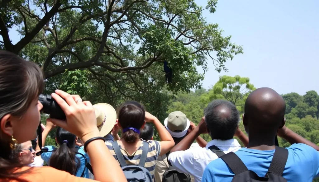 Bird watching near Amabere Ga Nyina Mwiru Caves with Great Blue Turaco visible