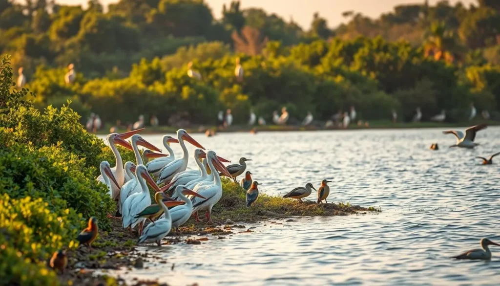 Birdlife on Daga Island with various bird species visible near the shoreline of Lake Tana