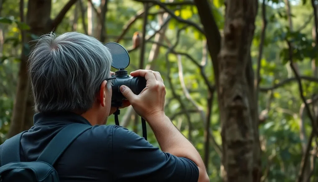 Birdwatcher observing endemic bird species in Borena-Sayint National Park Ethiopia