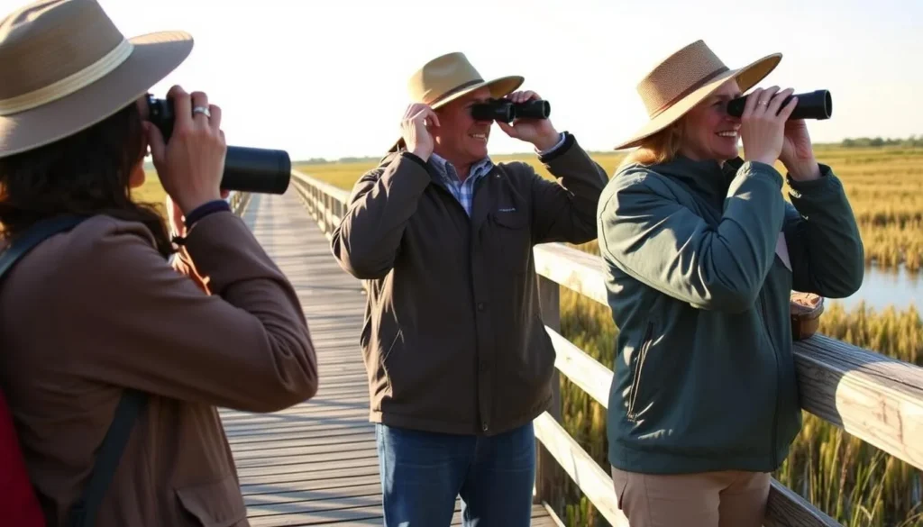 Birdwatcher with binoculars observing birds from the boardwalk at Cameron Prairie National Wildlife Refuge