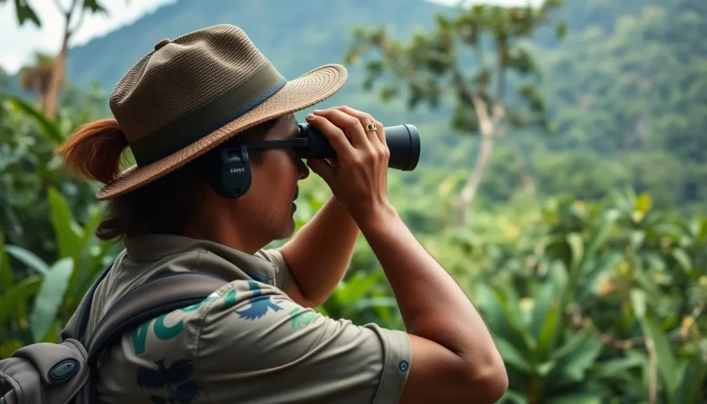Birdwatcher with binoculars observing colorful birds in the Rupununi rainforest edge