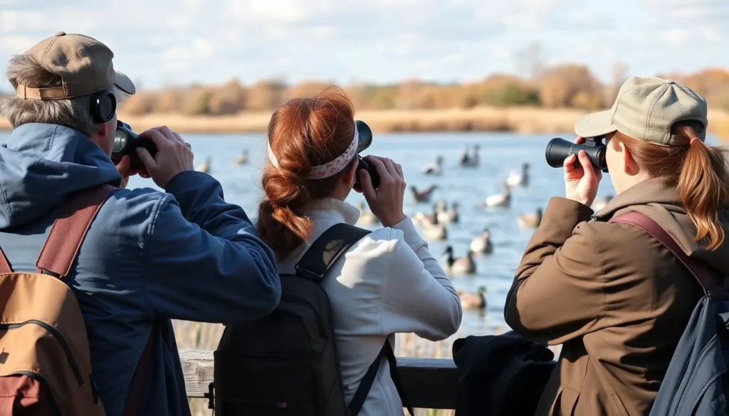 Birdwatchers at Coffeen Lake State Park observing waterfowl with binoculars
