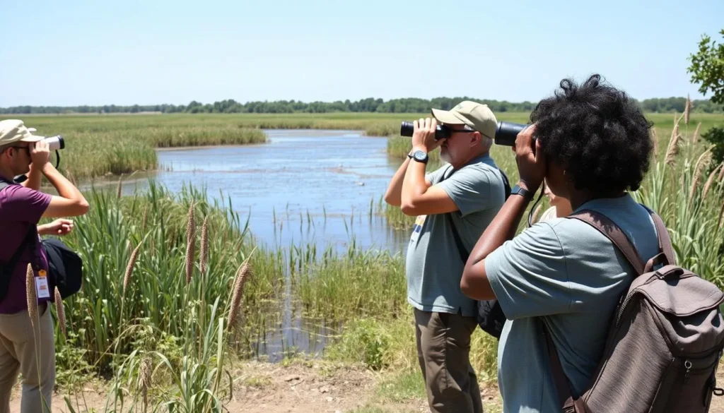 Birdwatchers at James Pate Philip State Park observing wildlife with diverse visitors Birdwatchers at James Pate Philip State Park observing wildlife with diverse visitors