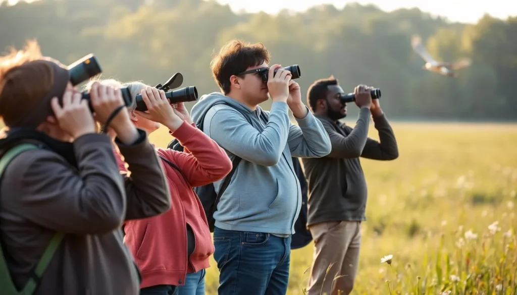 Birdwatchers at Norristown Farm Park observing wildlife with binoculars Birdwatchers at Norristown Farm Park observing wildlife with binoculars