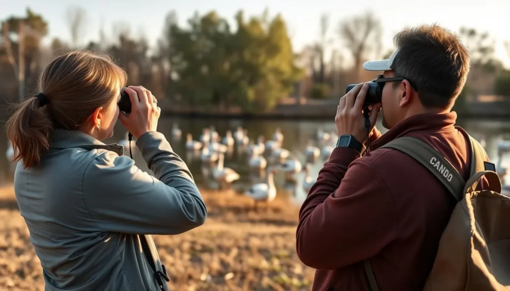 Birdwatchers observing Canada geese at Horseshoe Lake Alexander County State Park Illinois Birdwatchers observing Canada geese at Horseshoe Lake Alexander County State Park Illinois