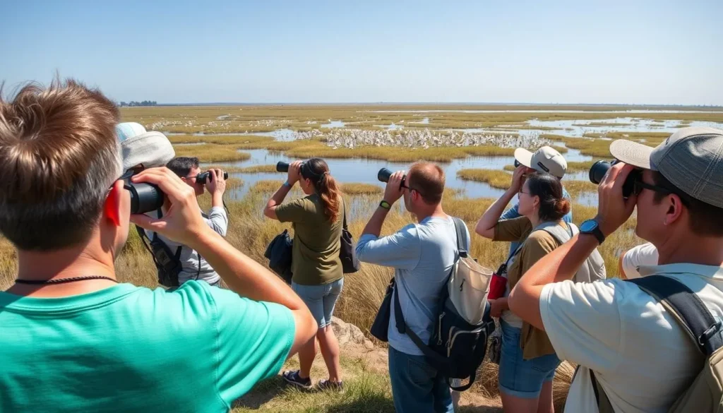 Birdwatchers observing migratory birds at Elkhorn Slough with binoculars and spotting scopes Birdwatchers observing migratory birds at Elkhorn Slough with binoculars and spotting scopes