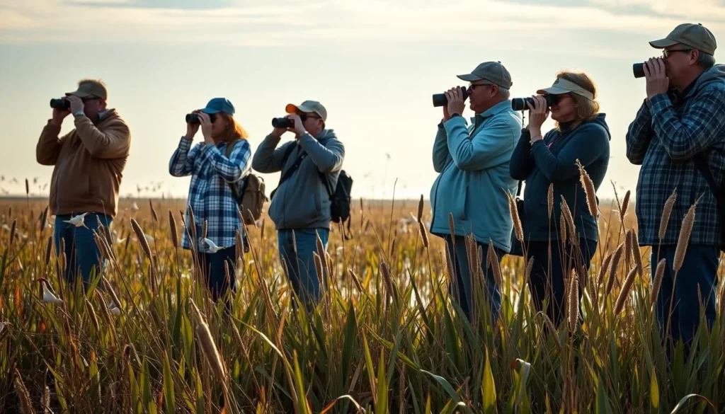 Birdwatchers observing migratory birds at Illinois Beach State Park wetlands Birdwatchers observing migratory birds at Illinois Beach State Park wetlands