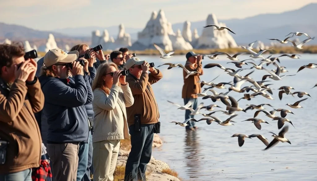 Birdwatchers observing migratory birds at Mono Lake with binoculars Birdwatchers observing migratory birds at Mono Lake with binoculars