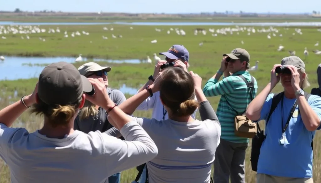 Birdwatchers observing shorebirds in McLaughlin Eastshore State Park wetlands Birdwatchers observing shorebirds in McLaughlin Eastshore State Park wetlands