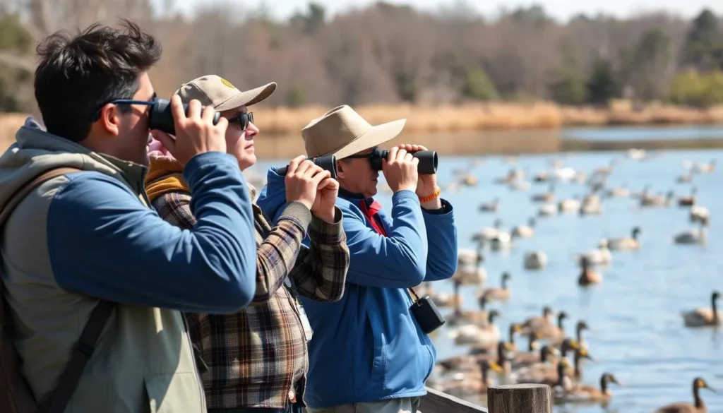 Birdwatchers observing waterfowl at Marsh Creek State Park Pennsylvania Birdwatchers observing waterfowl at Marsh Creek State Park Pennsylvania