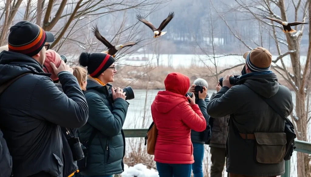 Birdwatchers spotting bald eagles along the Illinois River during winter Birdwatchers spotting bald eagles along the Illinois River during winter