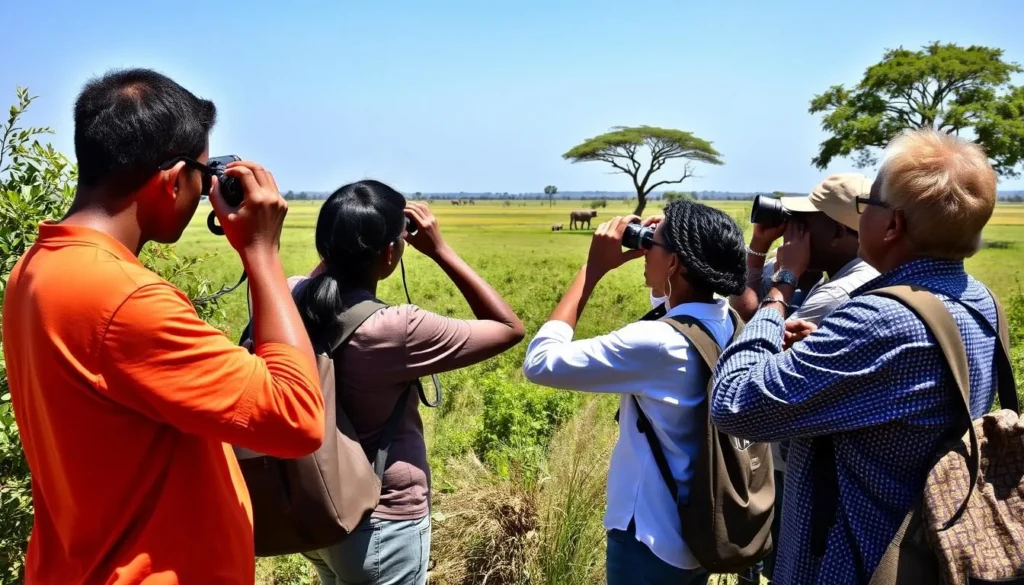 Birdwatchers spotting birds in Lake Mburo National Park with binoculars and cameras