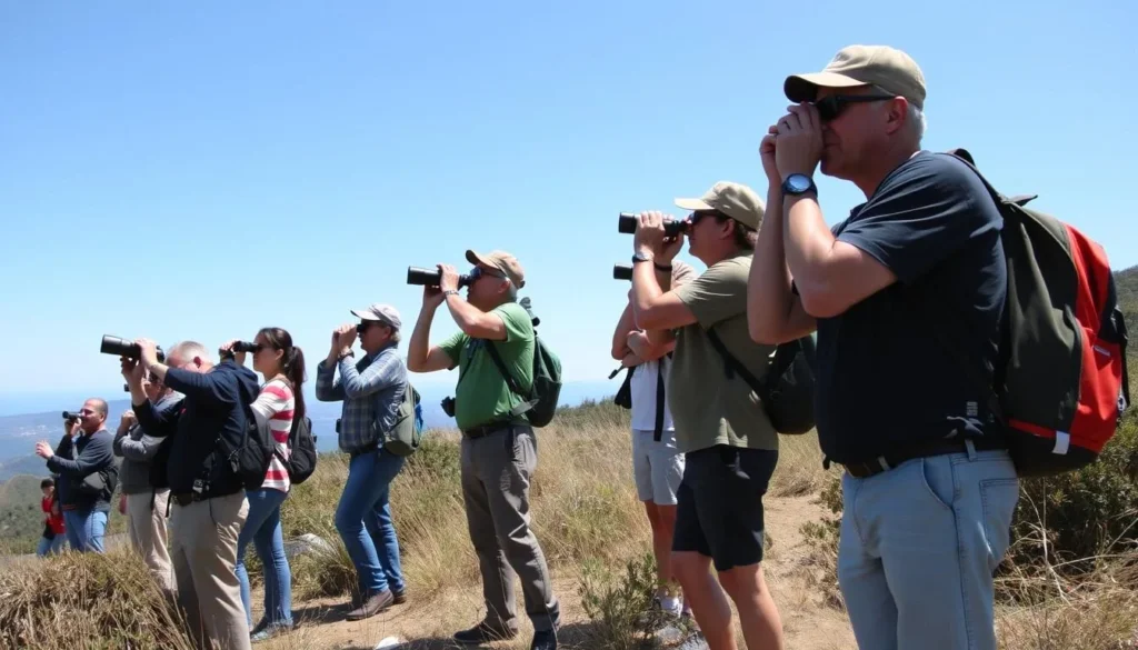 Birdwatchers spotting rare species on San Bruno Mountain trails Birdwatchers spotting rare species on San Bruno Mountain trails