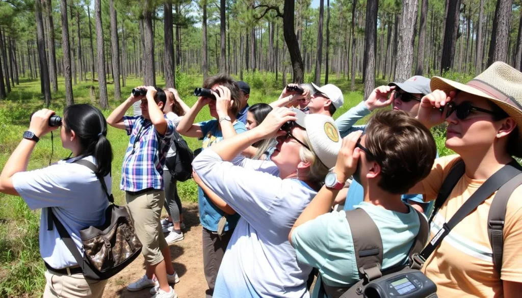 Birdwatchers spotting red-cockaded woodpeckers in the longleaf pine forest at Olustee