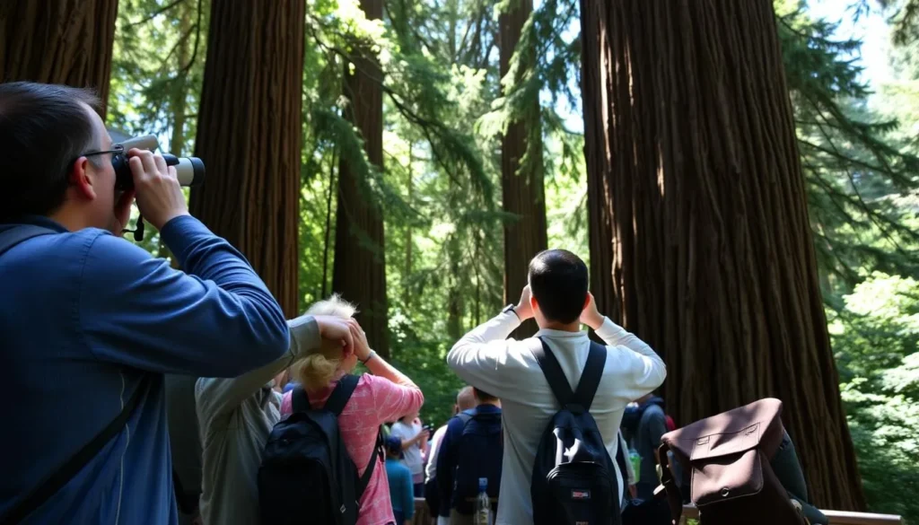 Birdwatchers spotting wildlife among redwoods in Navarro River Redwoods State Park California Birdwatchers spotting wildlife among redwoods in Navarro River Redwoods State Park California