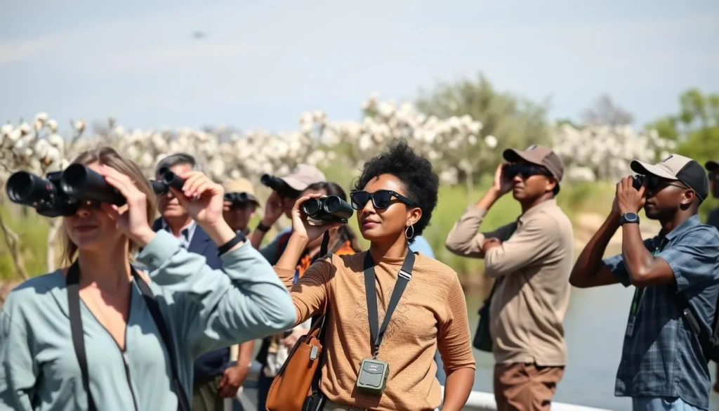 Birdwatchers with binoculars observing wildlife at Bill Williams River National Wildlife Refuge