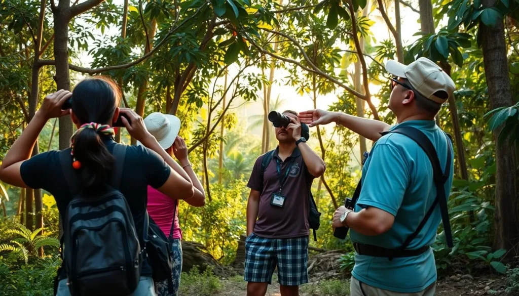Birdwatching activity near Jonestown Lake with tourists observing tropical birds