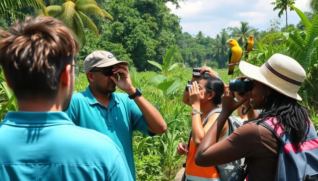 Birdwatching along Essequibo River with diverse tourists spotting tropical birds