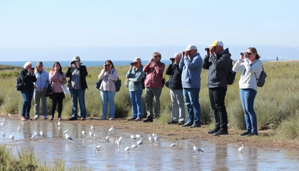 Birdwatching at Elsie Roemer Bird Sanctuary with shorebirds feeding in mudflats Birdwatching at Elsie Roemer Bird Sanctuary with shorebirds feeding in mudflats