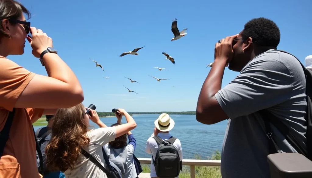 Birdwatching at Fort Defiance State Park Illinois with bald eagles soaring above the rivers