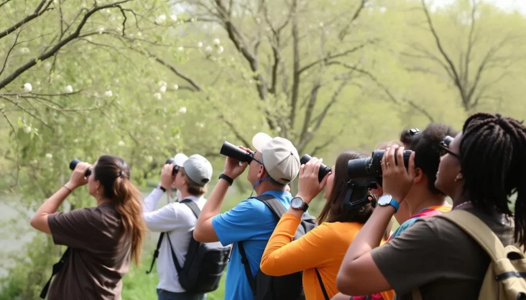 Birdwatching at Hassayampa River Preserve with diverse visitors using binoculars