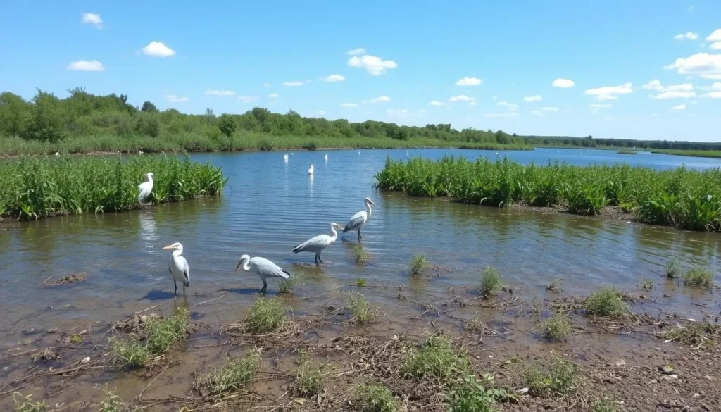 Birdwatching at Horseshoe Lake with great blue herons visible in the water Birdwatching at Horseshoe Lake with great blue herons visible in the water