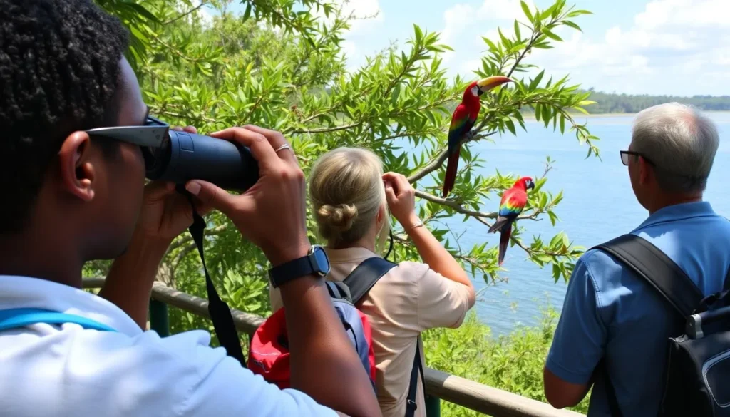 Birdwatching at Lake Sandvoort with colorful tropical birds Birdwatching at Lake Sandvoort with colorful tropical birds
