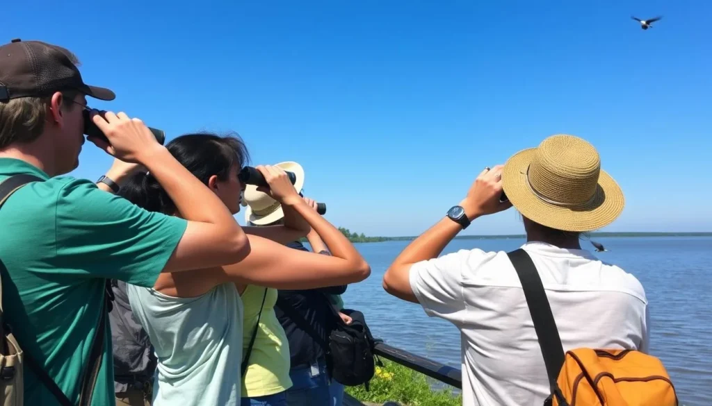 Birdwatching at the confluence of the Mississippi and Ohio Rivers with diverse tourists using binoculars Birdwatching at the confluence of the Mississippi and Ohio Rivers with diverse tourists using binoculars